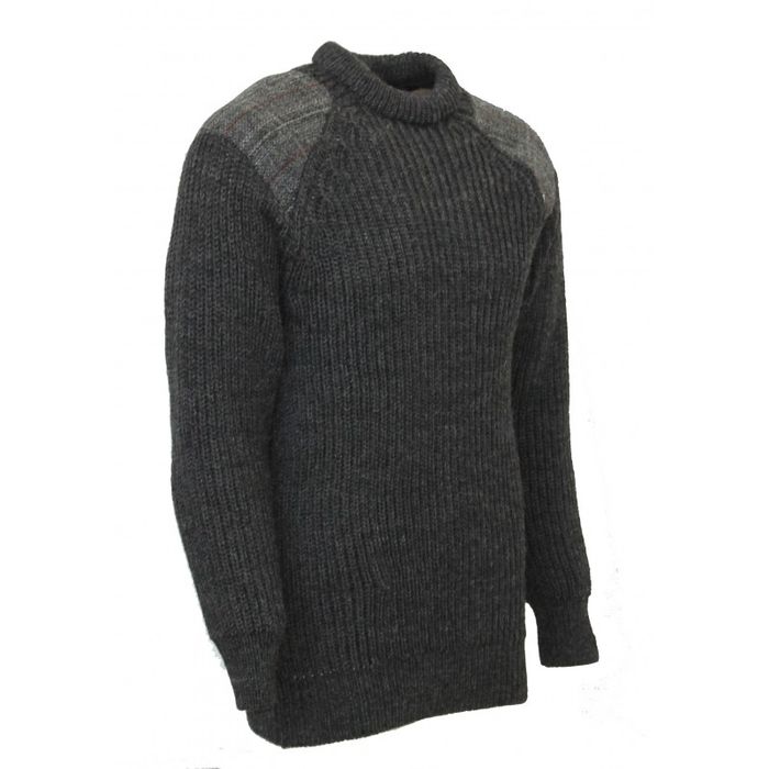 Gamekeeper- Chunky crew neck sweater with Harris Tweed patches